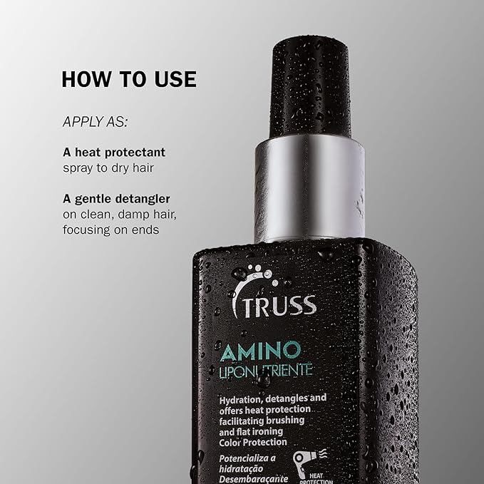 TRUSS Amino Heat Protection Spray for Hair - Anti Frizz Leave In Hair Spray - Infused with Essential Oils to Hydrate & Replenish Amino Acids - Color Safe Heat Protectant & Detangler (7.61 oz)