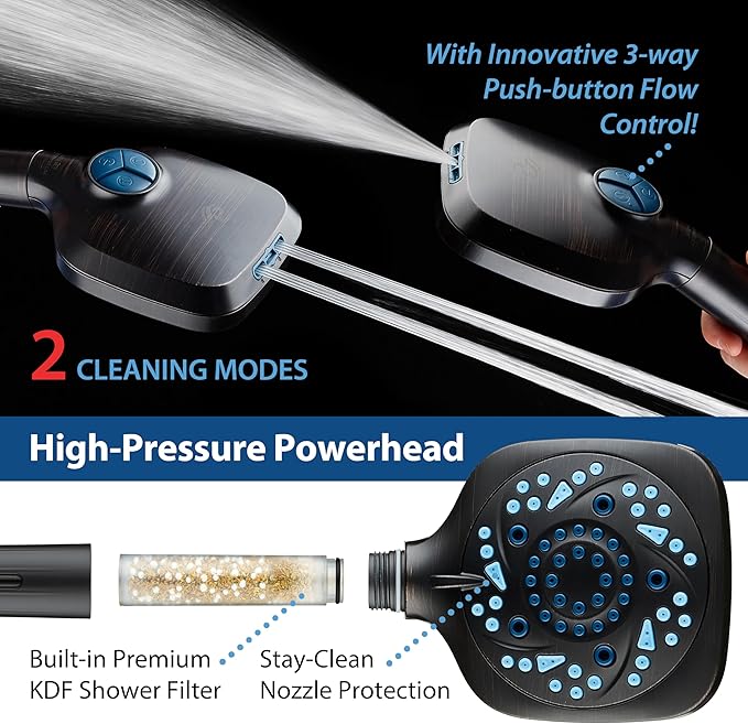 AquaCare High Pressure 10 Spray Mode Filtered Showerhead - Handheld Shower Head Filters Chlorine to Heal Dry Skin, Revive Hair - Dual Power Wash Cleans Tub, Tile, Pets - Hard Water Softener, ORB