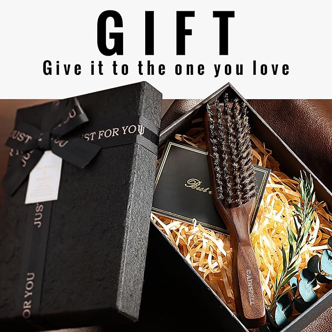 Mens Wild Boar Bristle Hair Brush for Men - Slick Back Hair Brush - Stiff Bristles for Thick Hair, Natural Black Walnut Wooden Handle Hairbrush, Beard Mustache Brush Comb by GAINWELL