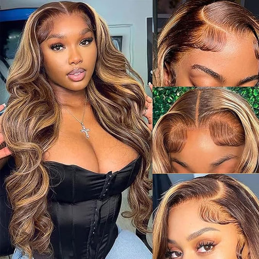 250% Density Highlight Ombre Glueless Wigs Human Hair Pre Plucked Pre Cut 5x5 HD Lace Closure Wigs Human Hair 4/27 Colored Honey Blonde Body Wave Lace Front Wigs 32 Inch