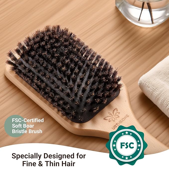 URTHEONE Pure Boar Bristle Hair Brush Set with Wide-Tooth Comb,Natural Beechwood Detangling Kit for Shine & Frizz Control,Gift for Women & Men