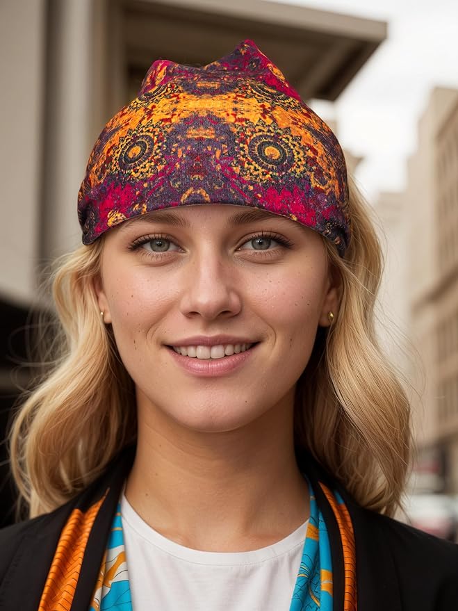 1 Pack Boho Headbands Stretch Paisley Print Bandana Headband Criss Cross Hair Bands Knotted Head Wrap Yoga Daily for Women and Girls (Orange Color Blocking)