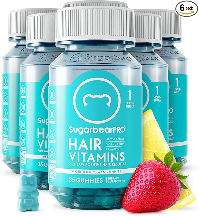 SugarBearPro Hair Vitamin Gummy 6 Month Supply Extra Strength Biotin 6000mcg, Growth for Men & Women, Vegan Vitamin B12, MSM, Inositol, Omega 3, Elderberry, Certified Kosher, Halal, Cruelty-Free