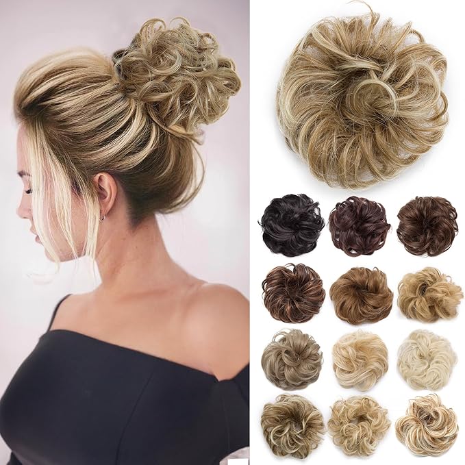 Benehair Messy Bun Hair Piece Scrunchy Updo Hair Pieces for Women Fluffy Wavy Hair Bun Scrunchies Donut Hairpiece Synthetic Chignons With Elastic Rubber Band Light Ash Brown to Bleach Blonde 2pcs 50g