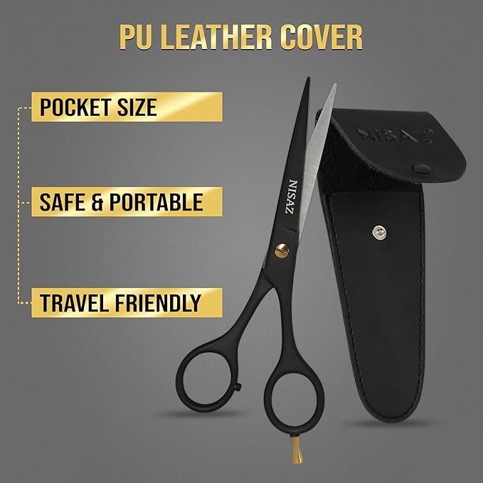 6.5 Inches Professional Hair Scissors with PU Leather Pouch, Smooth & Sharp Barber Scissor, Hair Cutting Scissors for Home or Salon Use – Ideal Hair Shears (Black, 6.5 Inches)