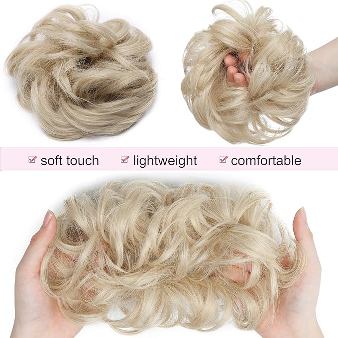 Benehair Messy Bun Hair Pieces Scrunchy Updo Fluffy Scrunchies Donut Top Knot Hairpiece Synthetic Curly Wavy Messy Chignons with Elastic Rubber Band Ash Blonde mix Bleach Blonde-Thicker 1pc 35g