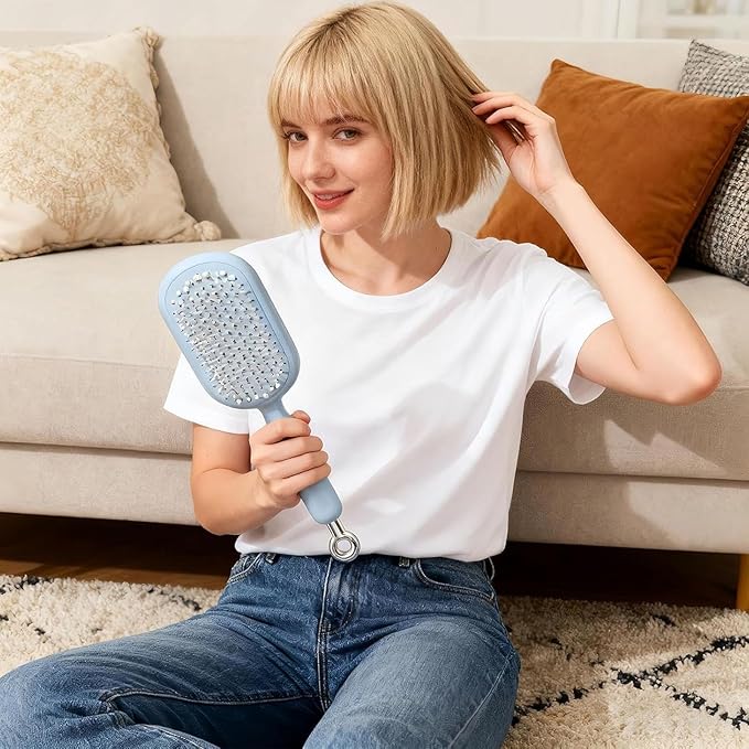 Retractable Cushion Massage Comb, Anti-Static Scalp Massager Tool, Retractable Self Cleaning Hair Brush for Women, Ergonomic Handle Hair Comb for All Types of Hairs and Wigs (Pink+Blue)