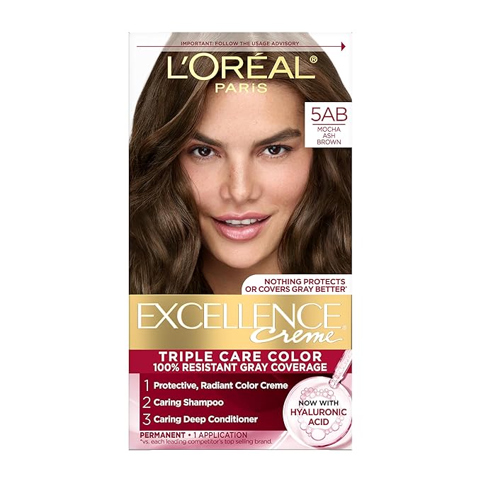 L'Oreal Paris Excellence Crème Permanent Hair Dye, Triple Care Hair Color with Pro-Keratine Complex for 100% Gray Hair Coverage, 5AB Mocha Ash Brown, 1 Kit