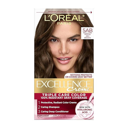 L'Oreal Paris Excellence Crème Permanent Hair Dye, Triple Care Hair Color with Pro-Keratine Complex for 100% Gray Hair Coverage, 5AB Mocha Ash Brown, 1 Kit
