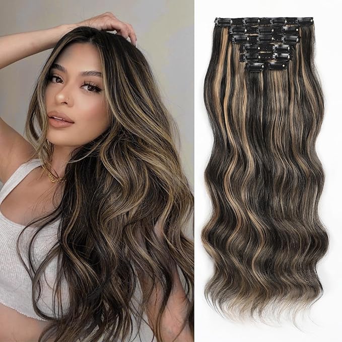 Vigorous Clip in Hair Extensions Black Mix Blonde Long Wavy Hairpieces 20Inch Hair Extensions Clip Ins Soft Synthetic Hairpieces for Women (7Pcs)