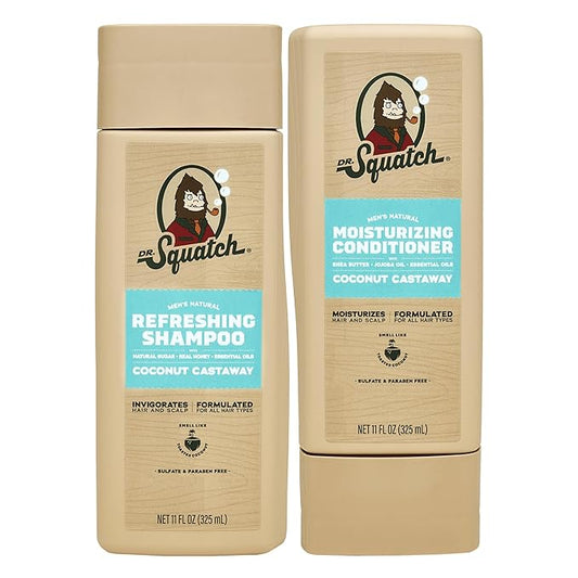 Dr. Squatch Natural Men's Shampoo and Conditioner Set - Healthy, Full Looking Hair - Coconut Castaway Natural Shampoo and Conditioner for Men (11 fl oz, 2-Pack)