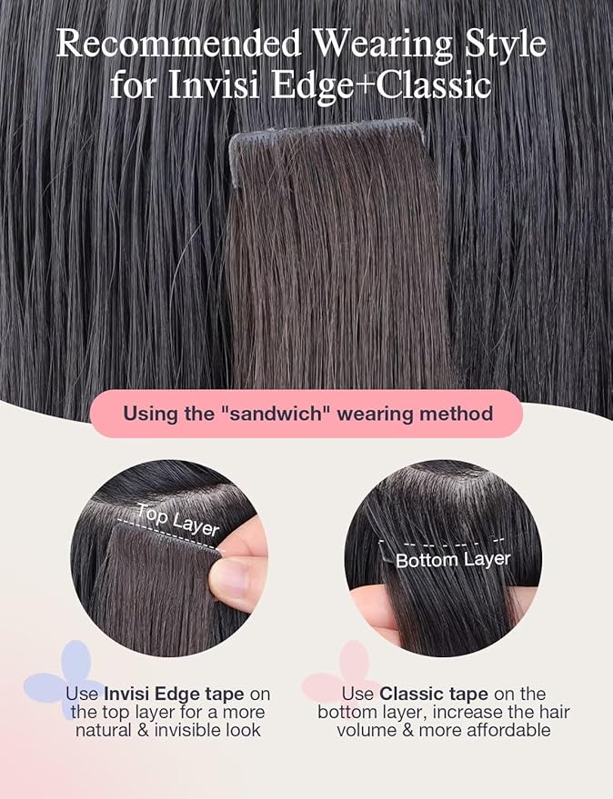 DOORES Seamless Human Hair Extensions Tape in Invisi Edge, Jet Black 10pcs Injection Tape-ins 25g 20 Inch, Natural Injected Tape in Extensions Virgin Human Hair Thick Ends