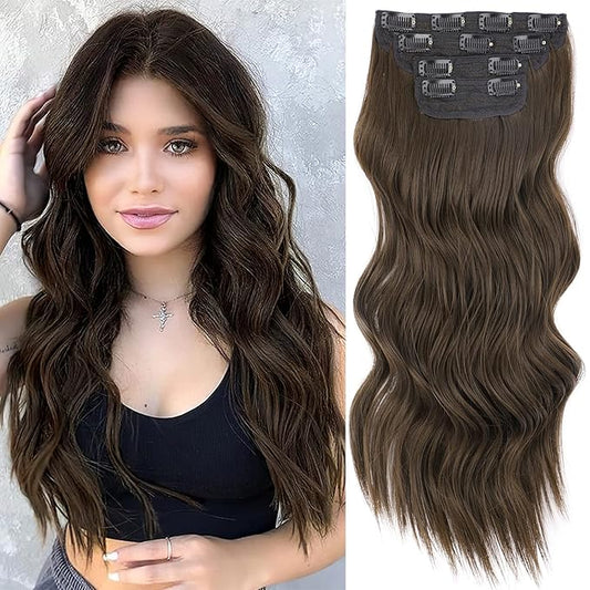 Vigorous Clip in Hair Extensions 4Pcs Chocolate Brown Long Wavy Hairpieces 20Inch Hair Extensions Clip Ins Soft Synthetic Hairpieces for Women