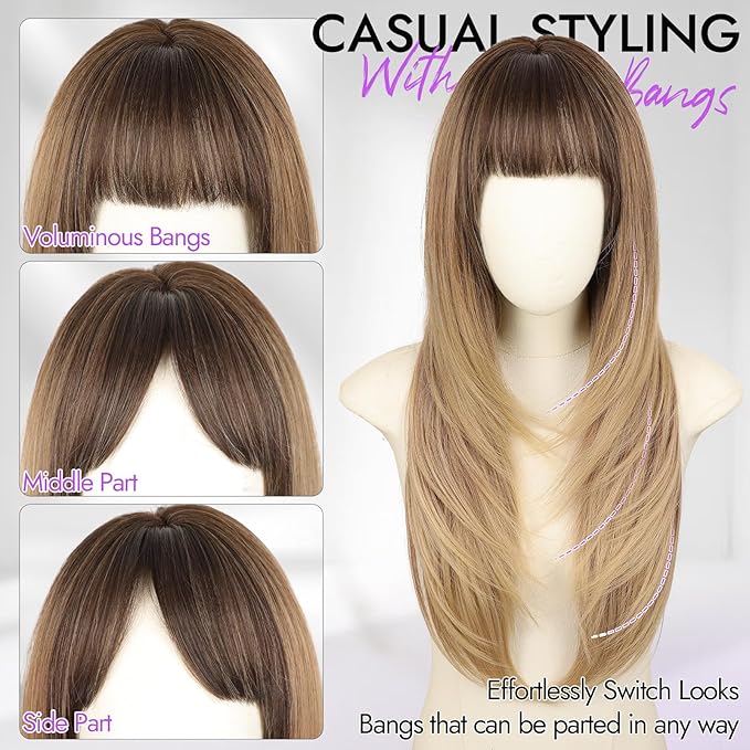 Long Honey Blonde Wig with Bangs for Women- Dark Root to Honey Blonde Ombre,4x4 Realistic Scalp,Free Parting,Layered Hairstyle Synthetic Heat Resistant for Daily Party Use 26 inch