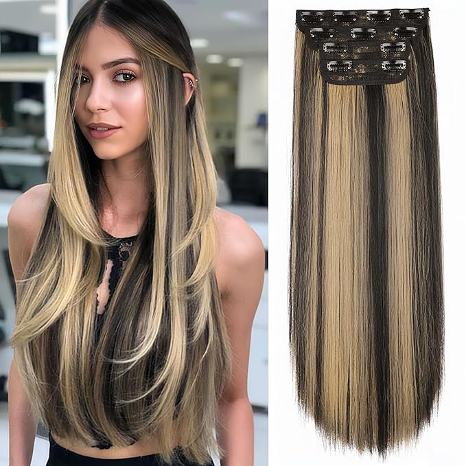 Vigorous Clip in Hair Extensions 22 Inch Black mix Blonde Hair Extension Clip Ins 4PCS Soft Synthetic Straight Hairpieces for Women