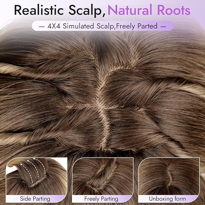 Long Honey Blonde Wig with Bangs for Women- Dark Root to Honey Blonde Ombre,4x4 Realistic Scalp,Free Parting,Layered Hairstyle Synthetic Heat Resistant for Daily Party Use 26 inch