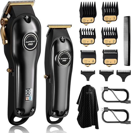 SUPRENT PRO Professional Hair Clippers for Men- Hair Cutting Kit & Zero Gap T-Blade Trimmer Combo- Cordless Barber Clipper Set with LED Display for Mens Gifts(Black)