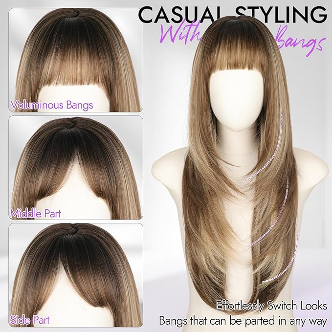 Long Ombre Light Brown With Blonde Wig with Bangs for Women,4x4 Realistic Scalp,Free Parting,Layered Hairstyle Synthetic Heat Resistant for Daily Party Use 26 inch