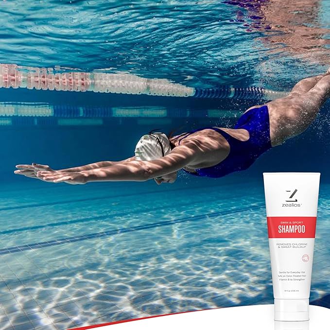 Zealios Swim & Sport Clarifying Shampoo, 8 oz Squeeze Tube for Extremely Damaged Hair, Pool Hair Repair & Protector - Sulfate-Free, Moisturizing Chlorine & Salt Removal, Color-Safe, Citrus Scent