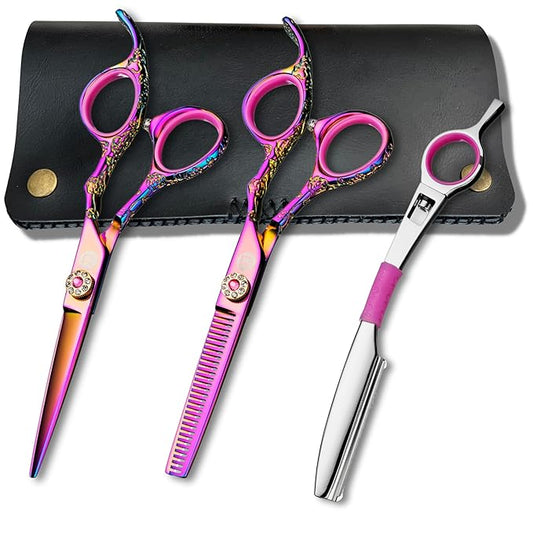 Saki Shears Kohana Pink Set of Professional Hair Shears - Includes Cutting and Thinning Shears - 440C Japanese Steel