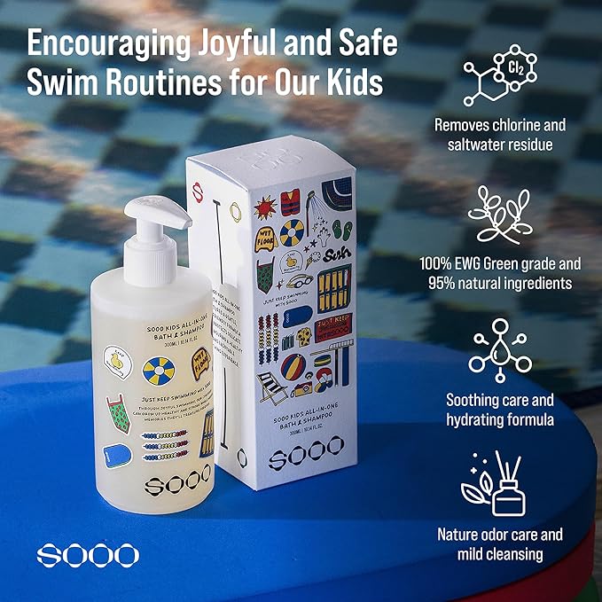 SOOO Kids Swimming Shampoo & Body Wash 2-in-1 Tear-Free Gentle Pool Care for Baby & Kids, Removes Chlorine & Salt After Swimming, Hydrating & Moisturizing Formula, Sulfate-Free, Paraben-Free 10.1oz