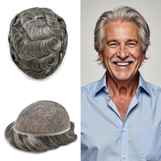 Toupee For Men Real Human Hair System For Men Full Swiss Lace Mens Toupee Lace Hair Piece For Mens Hair System Bleached Knots 7x9-80% light density#260 2# DARKEST BROWN+60% GREY