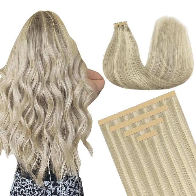 DOORES Tape in Human Hair Extensions - Ash Blonde Highlighted Platinum Blonde, 22 Inch, 30g, 10pcs - Straight Real Hair Tape-ins