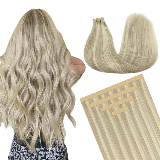 DOORES Tape in Human Hair Extensions - Ash Blonde Highlighted Platinum Blonde, 22 Inch, 30g, 10pcs - Straight Real Hair Tape-ins