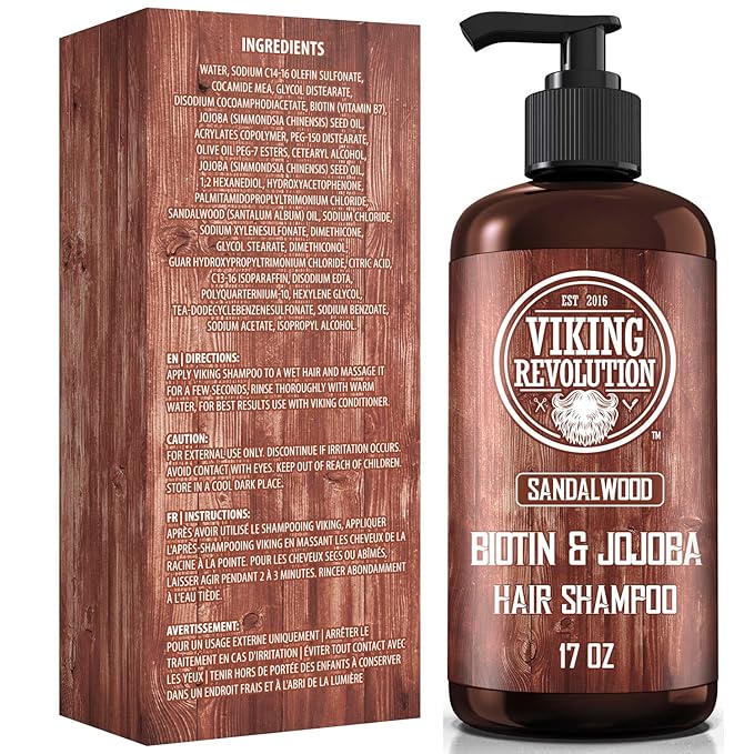 Viking Revolution Sandalwood Men's Shampoo with Biotin and Jojoba Oil - Natural Hair Shampoo for Men with Vitamin B5 and Hair Loss Thinning Hair Treatment (17 Oz)
