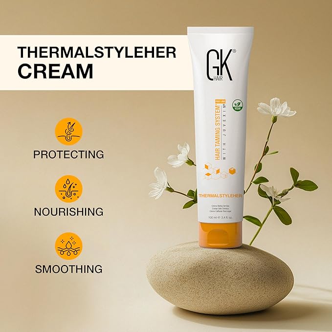 Global Keratin GKhair ThermalStyleHer - 100ml/3.4oz Heat Styling Protection Anti Frizz Hair Cream Thermal Flat Ironing Style Protector for Men & Women (3.4 Ounce)