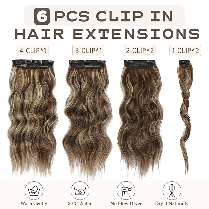 Vigorous Clip in Hair Extensions 20Inch Hair Extensions Clip Ins 6Pcs Natural Soft Synthetic Hairpieces for Women(Honey Blonde Mixed Chocolate Brown)