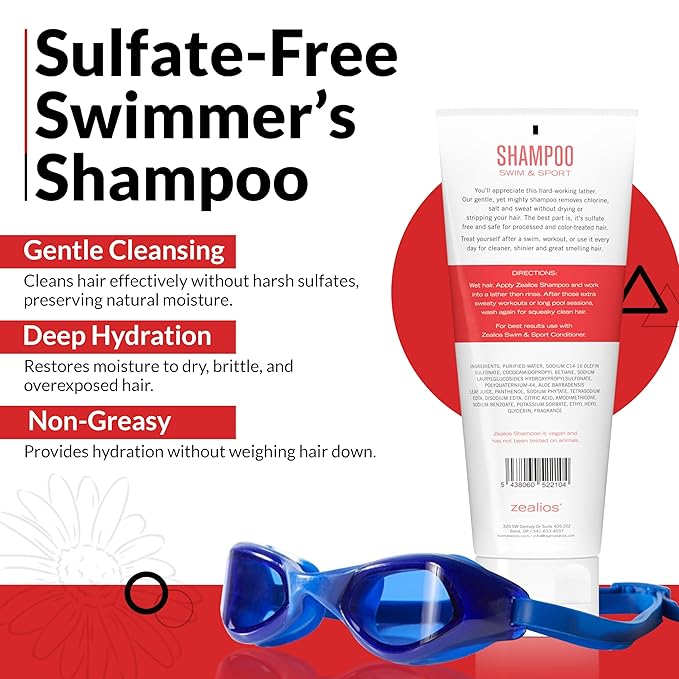 Zealios Swim & Sport Clarifying Shampoo, 8 oz Squeeze Tube for Extremely Damaged Hair, Pool Hair Repair & Protector - Sulfate-Free, Moisturizing Chlorine & Salt Removal, Color-Safe, Citrus Scent