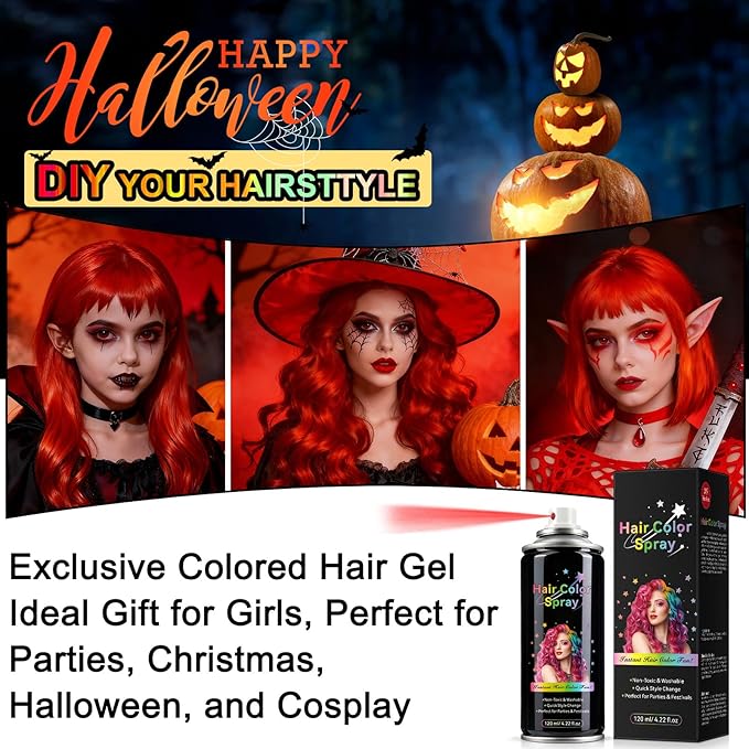 Temporary Hair Spray Color for Kids Women - One-Time Use Green Hair Spray, Vegan and Cruelty-Free Semi-Permanent Hair Color Dye (120ML, Fire Red)