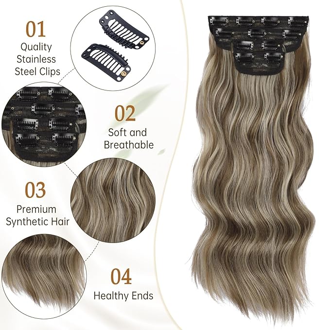Vigorous Clip in Hair Extensions 4Pcs Light Ash Brown mixed Long Wavy Hair Extensions Clip Ins 20Inch Soft and Natural Synthetic Hairpieces for Women