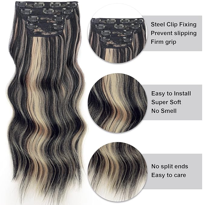 Vigorous Clip in Hair Extensions 20 Inch Black Mix Blonde Long Hair Extensions Clip Ins 4PCS Soft Synthetic Hairpieces for Women