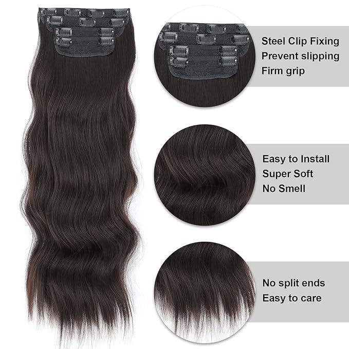 Vigorous Dark Brown Hair Extension 24InchLong Clip in Hair Extensions 4Pcs Thick Long Wavy Synthetic Hairpieces for Women