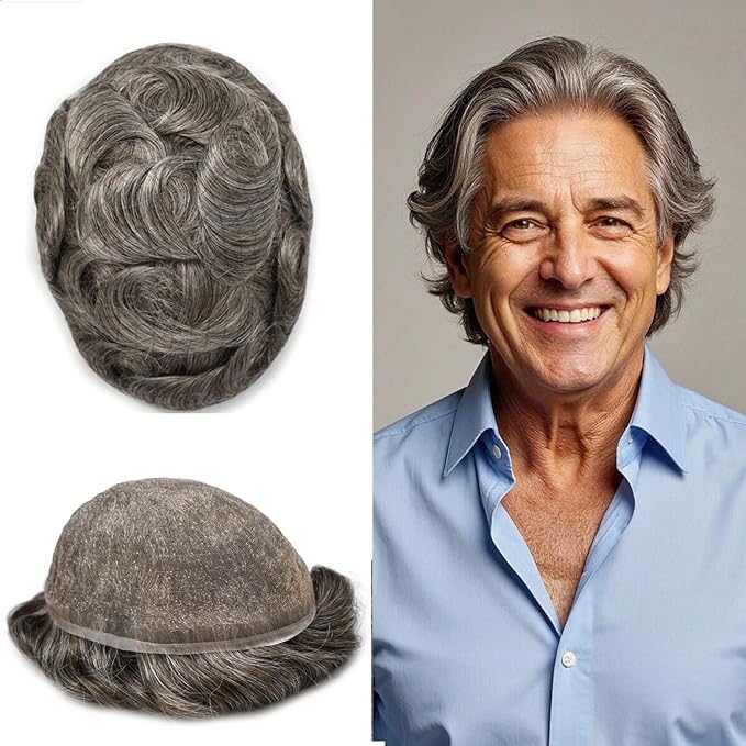 Toupee For Men Real Human Hair System For Men Full Swiss Lace Mens Toupee Lace Hair Piece For Mens Hair System Bleached Knots 7x9 120% Medium light density #360 3# DARK BROWN+60% GREY