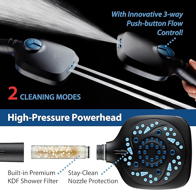AquaCare High Pressure 10 Spray Mode Filtered Showerhead - Handheld Shower Head Filters Chlorine to Heal Dry Skin, Revive Hair - Dual Power Wash Cleans Tub, Tile, Pets - Hard Water Softener, Black