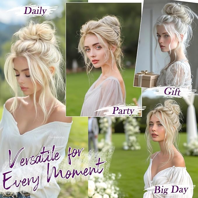 BARSDAR 2 PCS Messy Bun Hair Pieces - Elastic Blonde Messy Hair Bun Scrunchies Extensions for Women - Synthetic Thick Fluffy Updo Chignons Hairpieces - Light Ash Blonde & Bleach Highlights