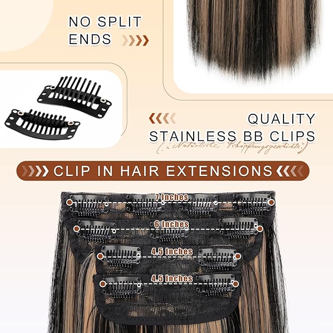 Vigorous Clip in Hair Extensions 22 Inch Black mix Blonde Hair Extension Clip Ins 4PCS Soft Synthetic Straight Hairpieces for Women