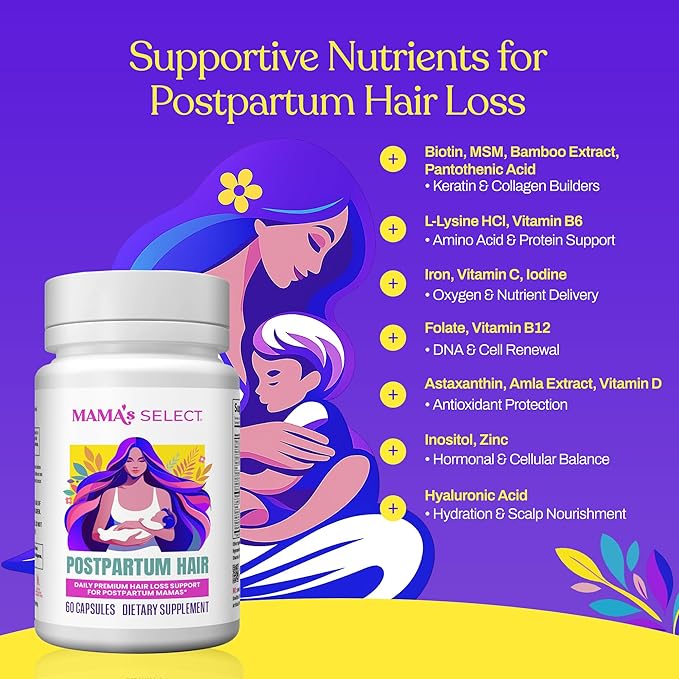 Mama’s Select Postpartum Hair Loss Vitamins – Reduce Shedding, Restore Thickness, Shine, & Strength – Supports Hormonal Balance, Cellular Renewal & Scalp Health – Treatment Is Safe for Breastfeeding