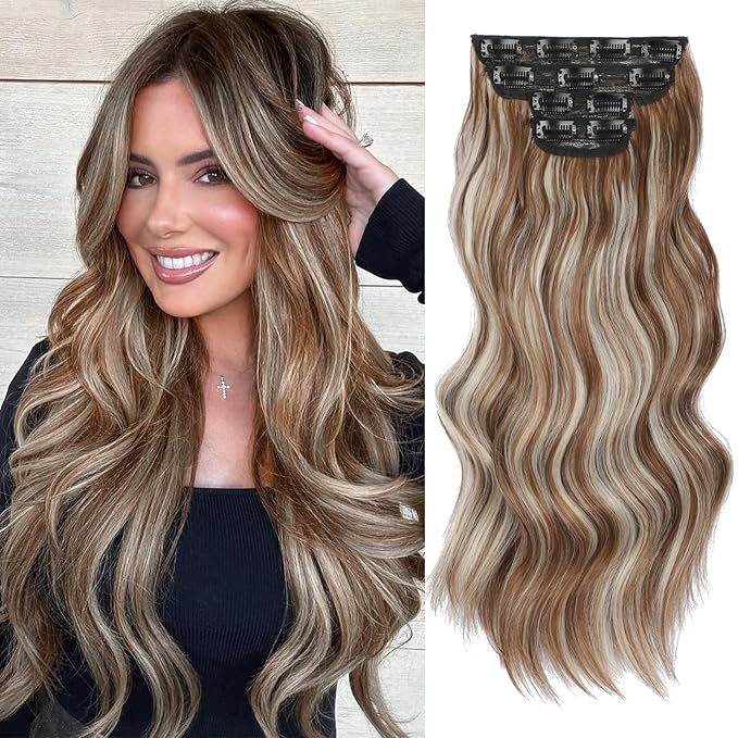 Vigorous Clip in Hair Extensions 20Inch Golden brown mixed Highlights Hair Extension Clip Ins 4Pcs Long Wavy Soft Synthetic Hairpieces for Women Girls Daily Use Event Party Use