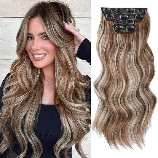 Vigorous Clip in Hair Extensions 20Inch Golden brown mixed Highlights Hair Extension Clip Ins 4Pcs Long Wavy Soft Synthetic Hairpieces for Women Girls Daily Use Event Party Use