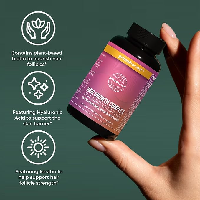 Primal Harvest Hair Growth Vitamins, Hair Growth for Women & Men - 60 Hair Growth Pills, Natural Hair Thickening Products for w/Biotin & Zinc - Hair Supplement, Regrowth Hair Vitamins