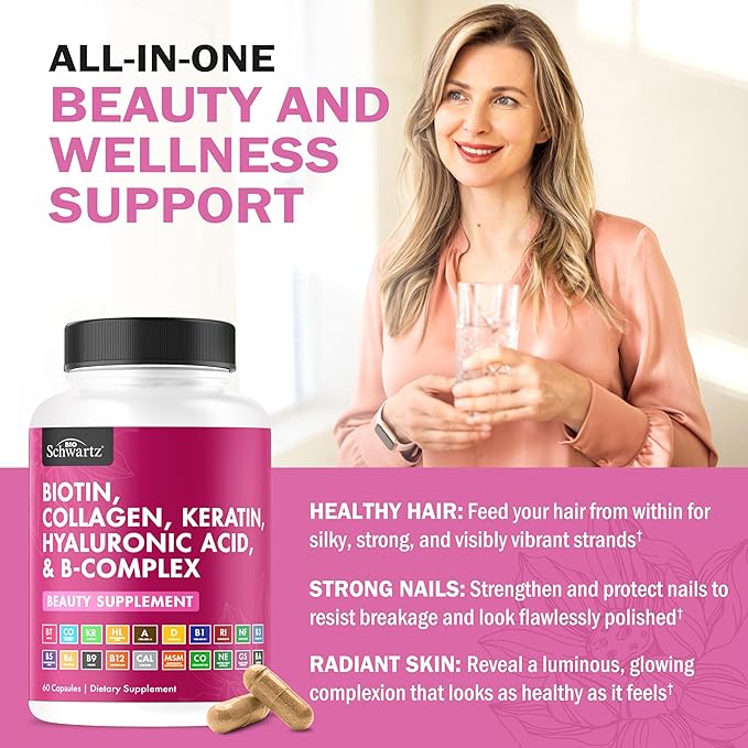 BioSchwartz Biotin Collagen Keratin Supplement - Hair Vitamins for Women - 10000mcg Biotin with Hyaluronic Acid & B Complex - Non-GMO 60 Capsules Beauty Supplement - Hair and Nails Vitamins for Women