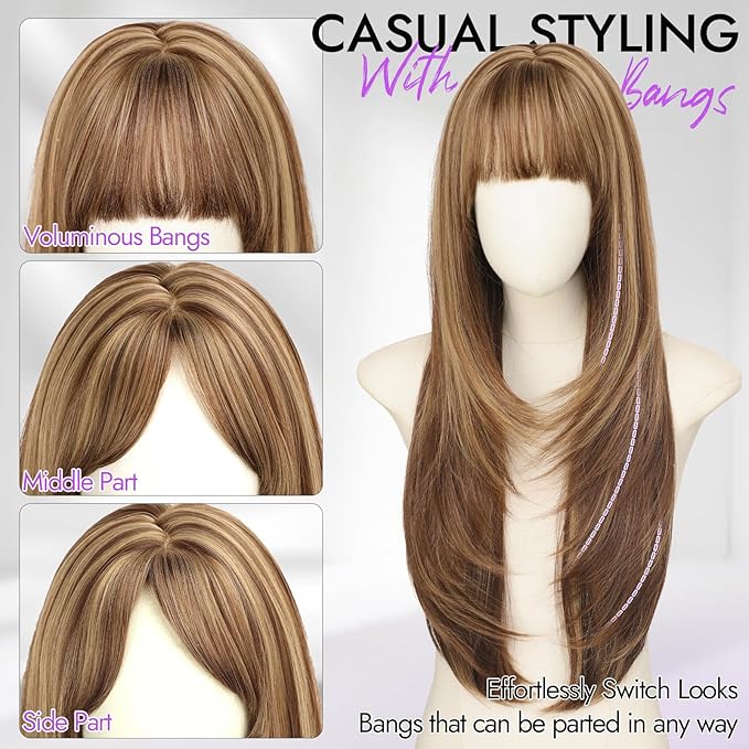 Long Light Brown mix Blonde Highlights Wig with Bangs for Women,4x4 Realistic Scalp,Free Parting,Layered Hairstyle Synthetic Heat Resistant for Daily Party Use 26 inch