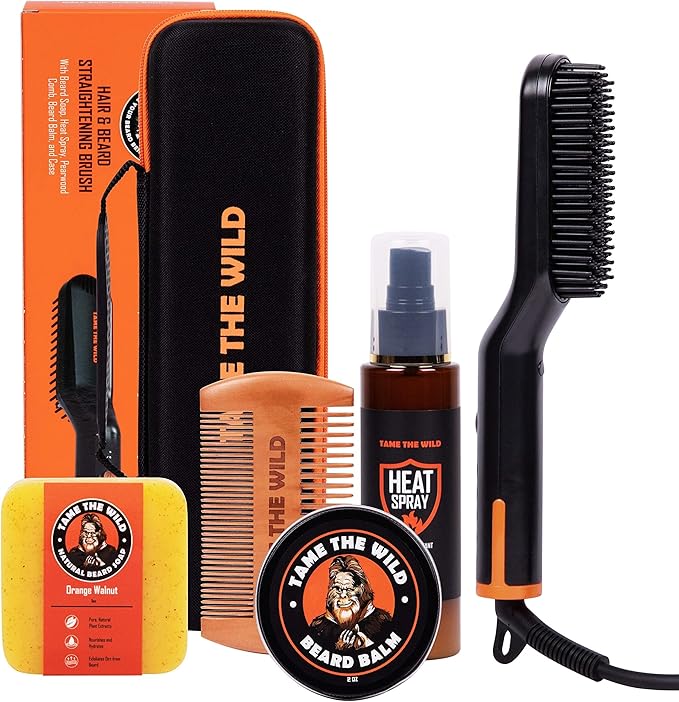 Tame the Wild Premium Beard Grooming Kit - Heated Beard Brush, Straightener Comb, Heat Protectant Spray, Beard Soap, Balm, Wooden Comb, and Storage Case