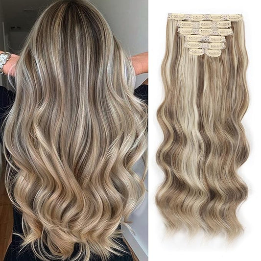 Vigorous Clip in Hair Extensions Light Blonde & Golden Blonde Long Wavy Hairpieces 20Inch Hair Extensions Clip Ins Soft Synthetic Hairpieces for Women (7Pcs)