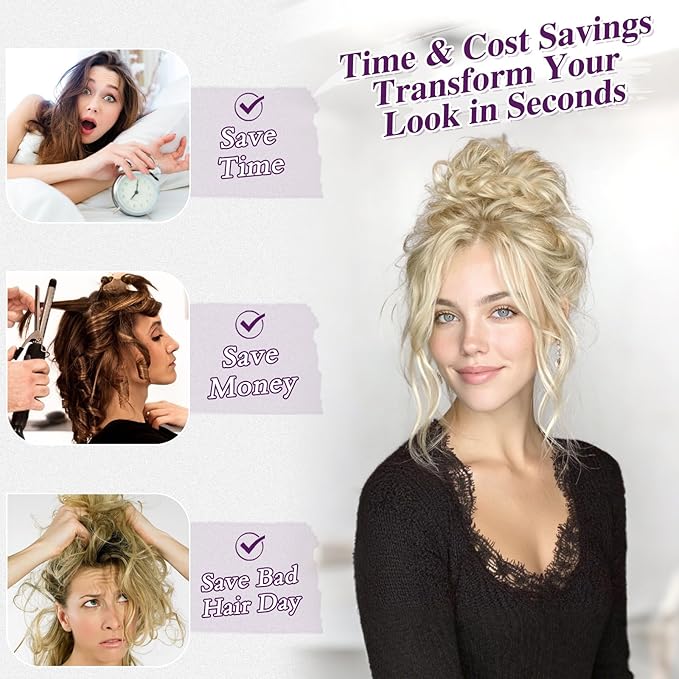 BARSDAR 2 PCS Messy Bun Hair Pieces - Elastic Blonde Messy Hair Bun Scrunchies Extensions for Women - Synthetic Thick Fluffy Updo Chignons Hairpieces - Light Ash Blonde & Bleach Highlights