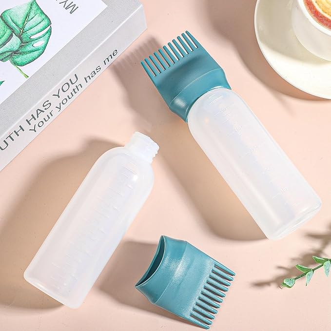 Pimoys Hair Oil Applicator Bottle 6 Ounce, 2 Pack Root Comb Applicator Bottles Hair Dye Bottle Oiling Applicator Brush with Graduated Scale, Dark Blue